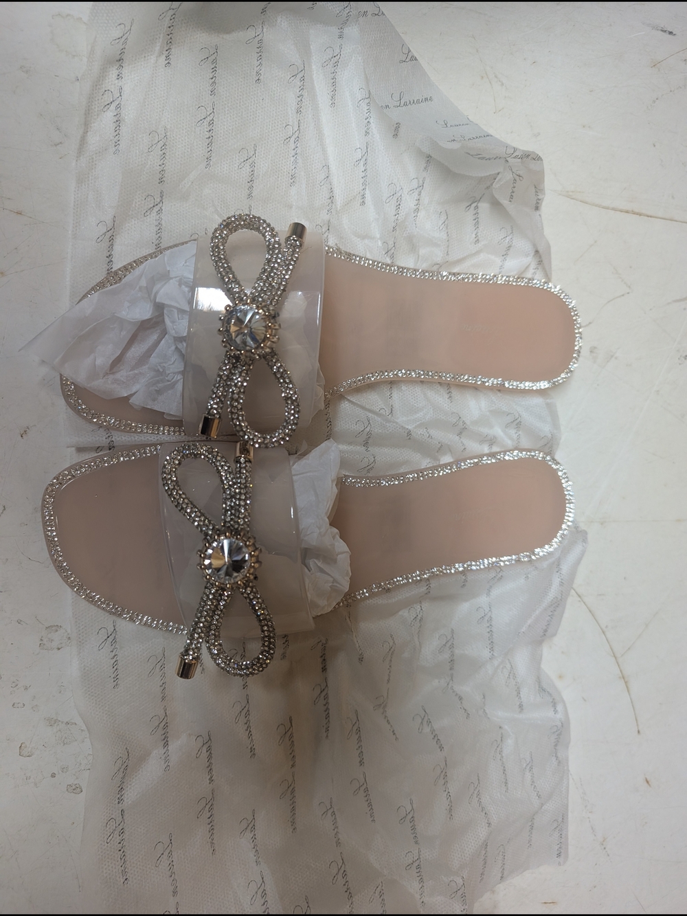 Lauren Lorraine Blush Breeze Clear Slide Sandals with Crystal Bow